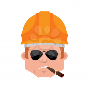 Builder Serious emotion avatar. Worker in protective helmets with a cigar emoji face. Vector illustration