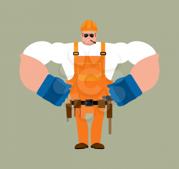 Builder strong. Worker in protective helmet Serious Powerful. Service worker Serviceman hard. Vector illustration