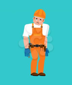 Builder sad. Worker in protective helmet sorrowful emoji. Service worker Serviceman mournful. Vector illustration