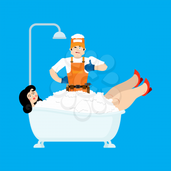 Plumber and bath and girl. Repair and maintenance of bathrooms. Vector illustration
