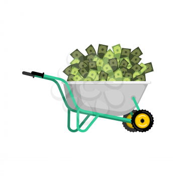 Wheelbarrow and money. Cash in garden trolley. Vector Illustration
