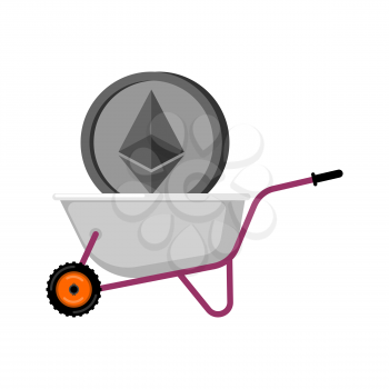 Wheelbarrow and Ethereum. Cryptocurrency in garden trolley. Virtual Cash. Vector Illustration
