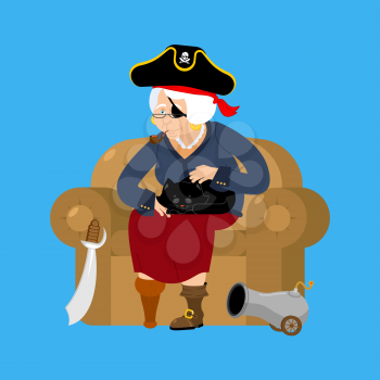 Grandmother pirate. Old buccaneer and cat. grandma on chair. Saber and cannon. Smoking pipe and wooden leg. Vector illustration
