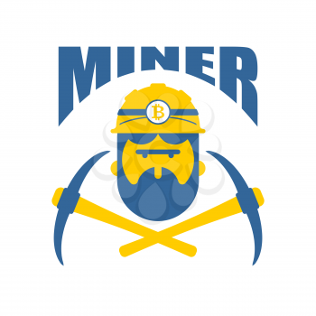 Miner logo. Mener logo Bitcoin Crypto Currencies. Worker with pickaxe. Vector illustration
