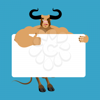 bull holding banner blank. Minotaur and white blank. buffalo joyful emotion. Big monster with horns and place for text. Vector illustration
