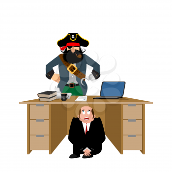 Businessman scared under table of pirate.  To hide from robbery. frightened business man under work board. filibuster brigandage. Boss fear office desk. Vector illustration