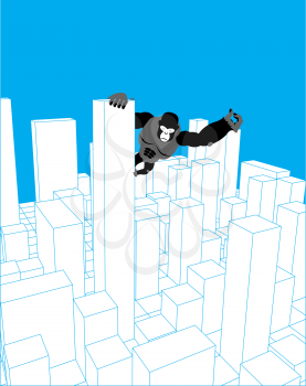 City and gorilla. Abstract Skyline and monster. Industrial landscape and big monkey. Vector illustration