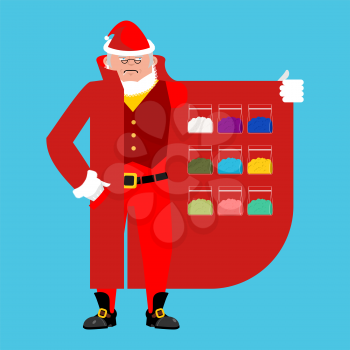 Santa Claus sells drugs. Cocaine and marijuana. Cloak-seller isolated. Dealer in hat and coat . Bootlegger. Seller prohibited goods of black marke. Legitimate trade. Vector illustration