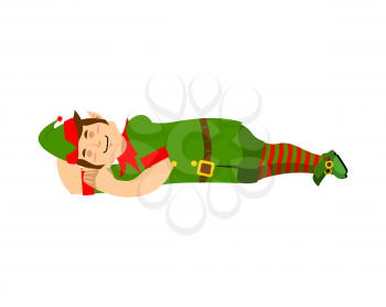 Elf sleeps isolated. Santa Claus helper asleep. Rest before work. Christmas relaxation. New Year illustration
