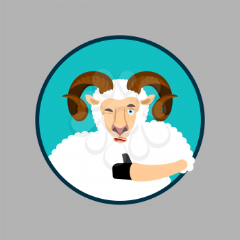 Ram thumbs up and winks emoji. Sheep Farm Animal happy emoji. Vector illustration