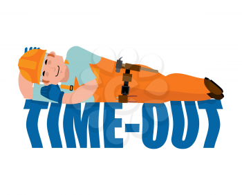 Job Time out. Builder sleeping isolated. Break in working time. Worker in protective helmet asleep. Vector illustration.
