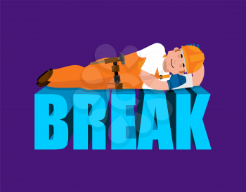 Break in working time. Builder sleeping isolated. Job Time out. Worker in protective helmet asleep. Vector illustration.
