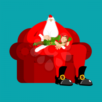 Santa Claus on chair stroking elf sleep. Christmas and New Year Vector Illustration
