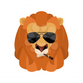 Lion Cool serious avatar of emotions. Wild animal smoking cigar emoji. Beast strict. Vector illustration