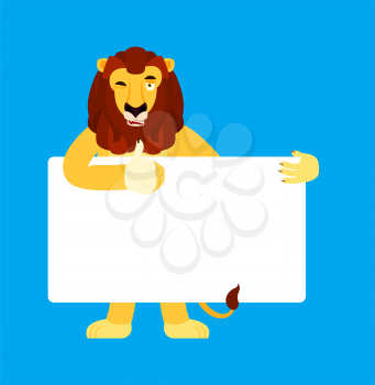 Lion holding banner blank. Wild animal and white blank. Beast thumb up and winks joyful emotion. place for text. Vector illustration