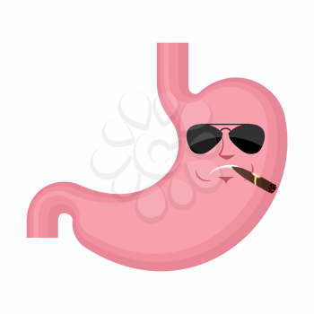 Stomach Cool serious emoji face avatar. Belly smoking cigar emotions. Internal organ strict. Vector illustration