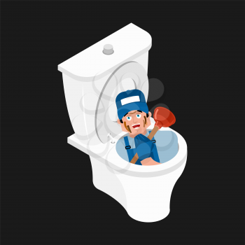 Plumber in toilet and plunger. Service of WC. Vector illustration
