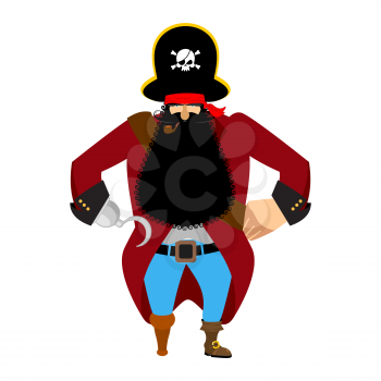 Pirate isolated. Eye patch and smoking pipe. filibuster cap. Bones and Skull. Head corsair black beard. buccaneer Wooden foot
