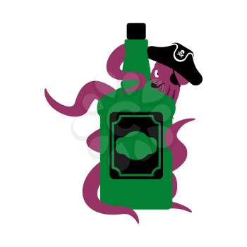 Octopus pirate and bottle of rum. poulpe buccaneer and brandy. Eye patch and smoking pipe. pirates cap. Bones and Skull. See animal filibuster and binge
