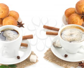 cup of coffee with sweets and beans isolated on white background