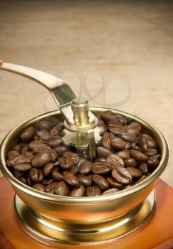 coffee beans and grinder on wood background
