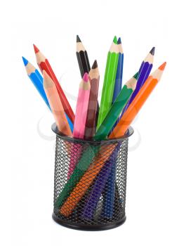 holder basket full of pencils isolated on white background