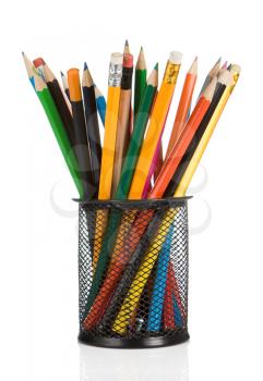 colorful pencils in holder isolated on white background