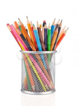 colorful pencils in holder isolated on white background