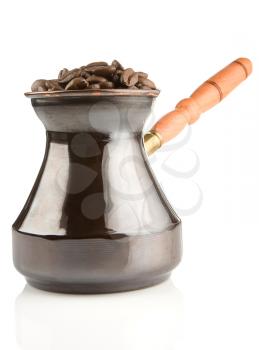 coffee pot and beans isolated on white background