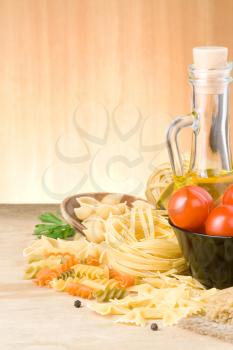pasta and food ingredient on wood background