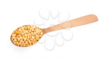 pea grain and wooden spoon on white