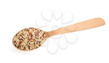 rice in wooden spoon on white background
