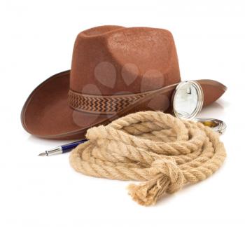 brown cowboy hat and rope isolated on white background