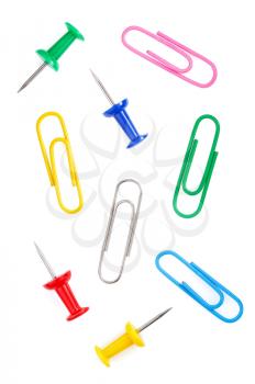 pushpin and paper clip isolated on white background