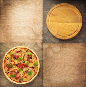 pizza and cutting board at wooden table, top view
