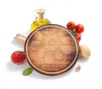 pizza cutting board with  ingredient isolated on white background