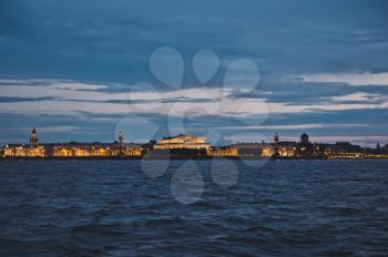 Night shooting from the motor ship during the White nights, a view of Dvortsovaya Embankment in the city of St. Petersburg.