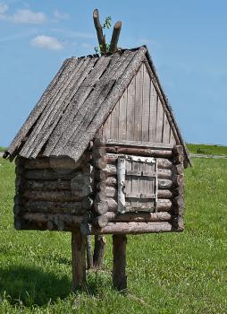 Log hut of the Baba-yaga. A decorative small house from Russian fairy tale.
