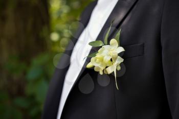 Buttonhole from a flower on a pocket of a jacket of the young man.