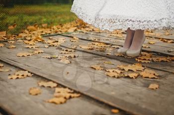 Ladder with maple leaves and feet of the bride.