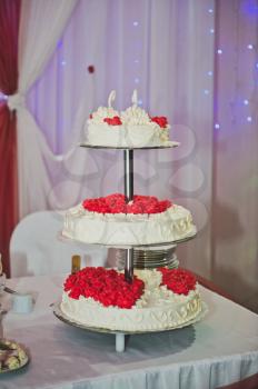 Wedding cake with swans of cream.