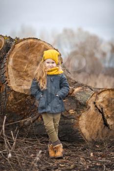 Autumn portrait of a little girl on the background of the trunk of a fallen tree.