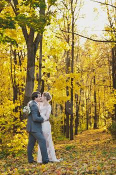 Portrait of newlyweds in sunlit autumn woods.