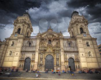 Panoramic view of Lima main square and cathedral church.
