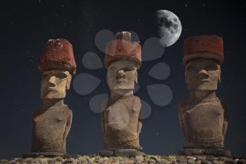 At night, under the light of stars. Moais at Ahu Tongariki (Easter island, Chile)