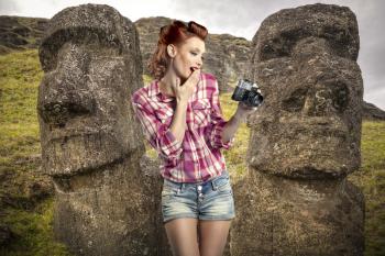girl on Easter Island style pin-up. SELF on the background  Tongariki ( Chile)