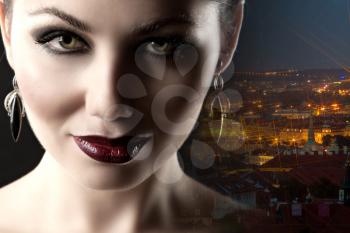 Double exposure of closeup girl portrait and cityscape