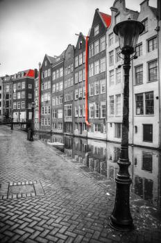 Amsterdam. black and white photo with elements of red