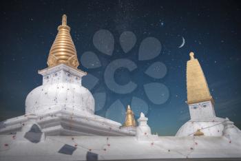 Evening view of Bodhnath stupa .  Kathmandu .  Nepal. night stars shine and the moon