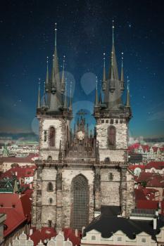 Tyn Church. stands in the center of the mystical samam Prague. night shining moon and stars